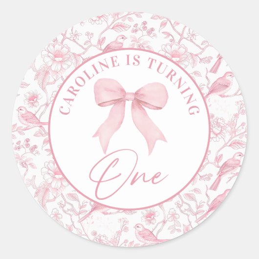 Chinoiserie roze strik 1e verjaardag sticker (Voorkant)