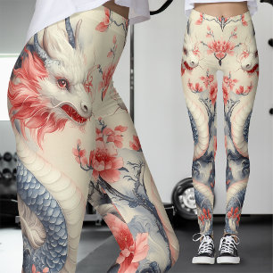 Chinoiserie Sakura Draak Zacht Roze Bloemmotief Leggings