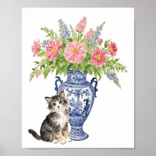 Chinoiserie stijl kat met vaas kleurrijke bloem poster