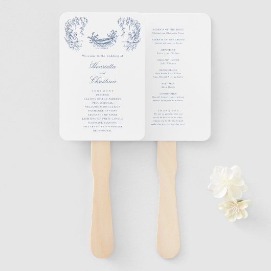 Chinoiserie Swans Blue White Wedding Program Fans Handwaaier (Voorkant en achterkant)