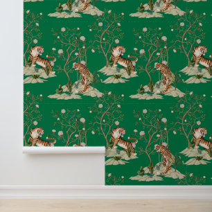 Chinoiserie Tijger, Pioenrozen & Bomen Lente Groen Behang