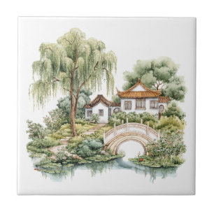Chinoiserie Toile De Jouy Pagode Tegeltje