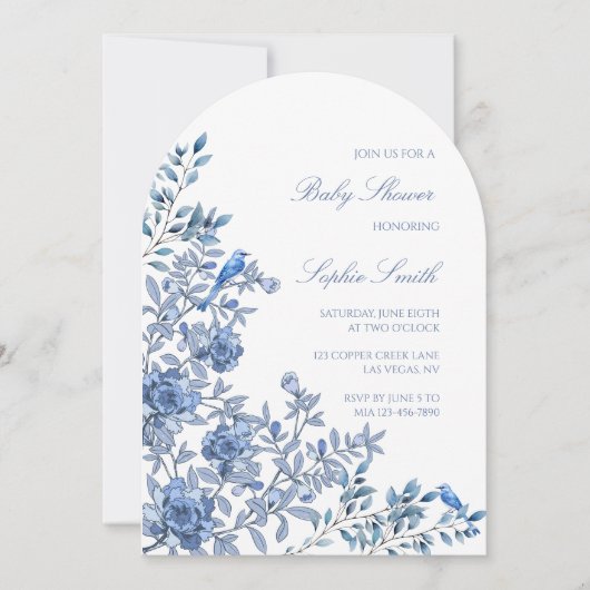 Chinoiserie Toile Zacht Blauw Bloemen Baby shower Kaart (Voorkant)