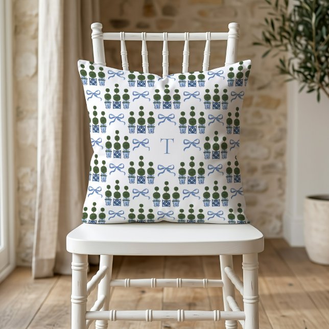 Chinoiserie Topiary Boom Monogram Kussen (Topiary Tree Bow Monogram Pillow)