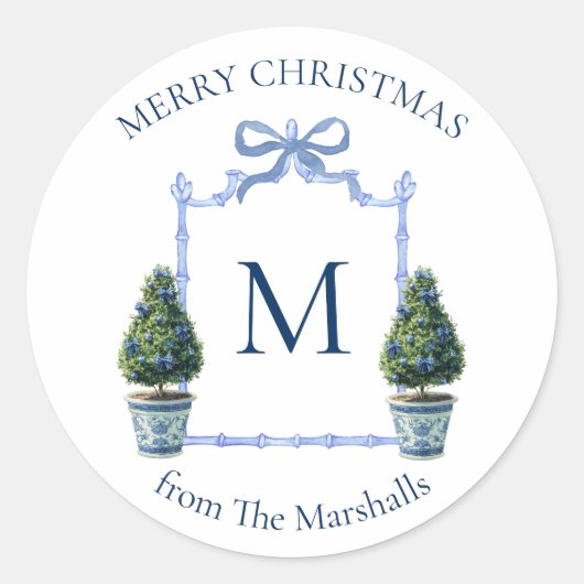 Chinoiserie Topiary Monogrammed Crest Christmas Ronde Sticker (Voorkant)