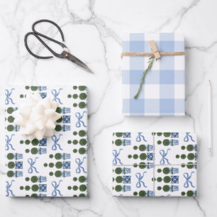 Chinoiserie Topiary Tree Blue Bow en Gingham Inpakpapier Vel