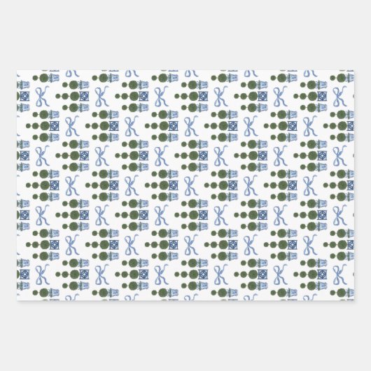 Chinoiserie Topiary Tree Blue Bow Inpakpapier Vel (Voorkant)