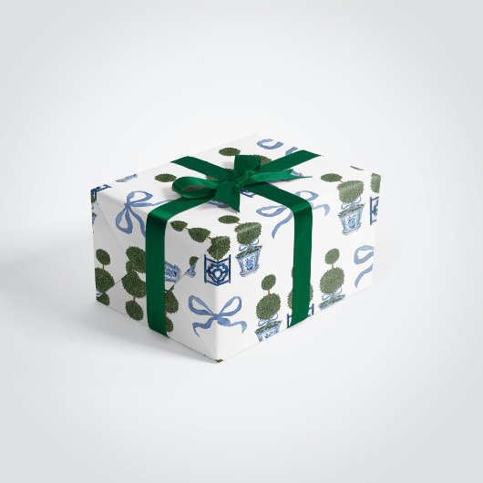 Chinoiserie Topiary Tree Blue Bow Inpakpapier Vel
