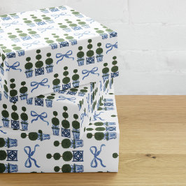 Chinoiserie Topiary Tree Blue Bow Inpakpapier Vel