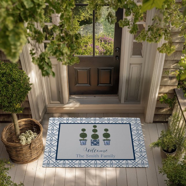 Chinoiserie Topiary Tree Custom Name Welkom Deurmat (Topiary tree personalized chinoiserie doormat grandmillennial)
