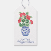 Chinoiserie Vaas van rode geraniums gepersonalisee Cadeaulabel (Voorkant)