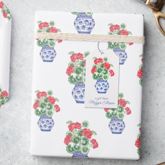 Chinoiserie Vaas van rode geraniums gepersonalisee Cadeaulabel