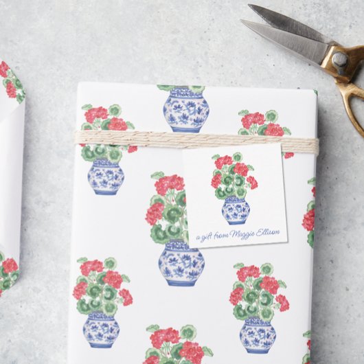 Chinoiserie Vaas van Rode Geraniums Gift Enclosure Notitiekaartje