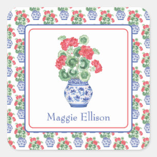Chinoiserie Vaas van Rode Geraniums Vierkante Sticker