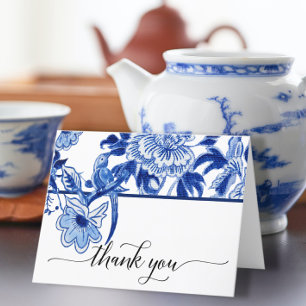 Chinoiserie Vogel Bloem Blauw Wit Bruiloftsshow Bedankkaart