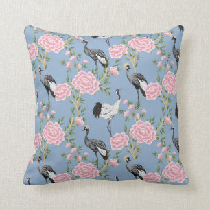 Chinoiserie vogels en bloemen periwinkle blauw kussen