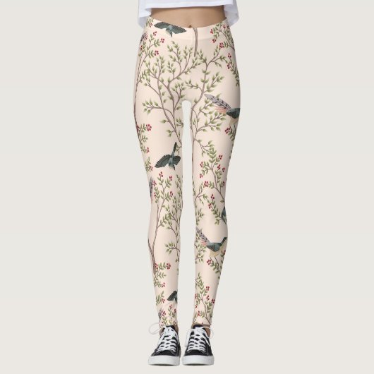 Chinoiserie vogels en gebladerte blush roze leggings (Voorkant)