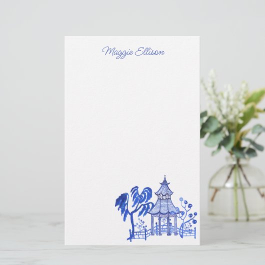 Chinoiserie Waterverf Blue Pagoda Briefpapier (Staand voorkant)