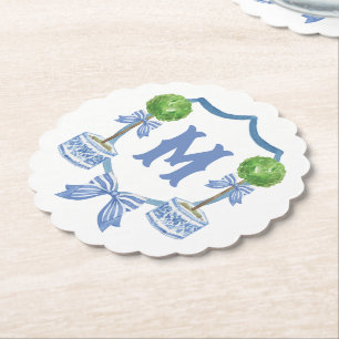 Chinoiserie Waterverf Bow Topiary Monogram Crest Kartonnen Onderzetters