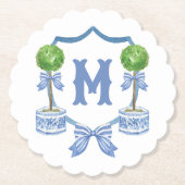 Chinoiserie Waterverf Bow Topiary Monogram Crest Kartonnen Onderzetters (Voorkant)
