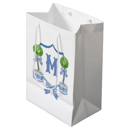 Chinoiserie Waterverf Bow Topiary Monogram Crest Medium Cadeauzakje (Voorkant Gekanteld)