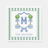 Chinoiserie Waterverf Bow Topiary Monogram Crest Servet (Voorkant)