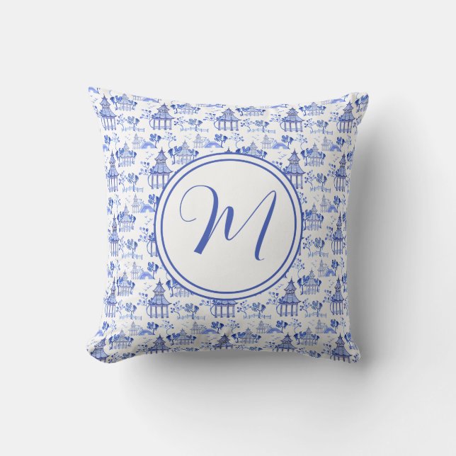 Chinoiserie Waterverf Pagoda Pattern Monogram Kussen (Voorkant)