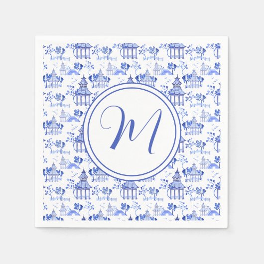 Chinoiserie Waterverf Pagoda Pattern Monogram Servet (Voorkant)