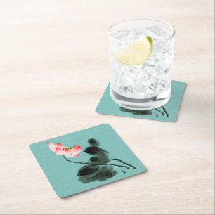 Chinoiserie Waterverf Schilting Lotus Floral Vierkante Kartonnen Onderzetter