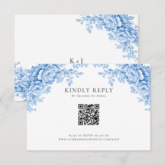 Chinoiserie Wedding Minimal Monogram RSVP QR Code Kaartje (Voorkant / Achterkant)