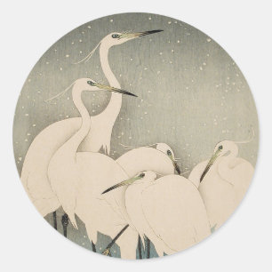Chinoiserie Witte Reiger Winter Sneeuw Patroon Ronde Sticker