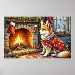 Chinook zit bij open haard met kerstverlichting poster