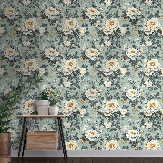 Chintz Style Witte Rozen op Blauwe Bloemen Behang (Creator heeft geüpload)