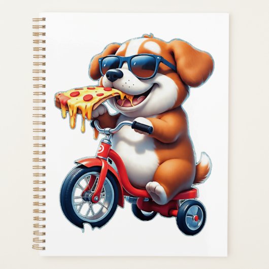 chiot à vélo mangeant de la pizza (Devant)
