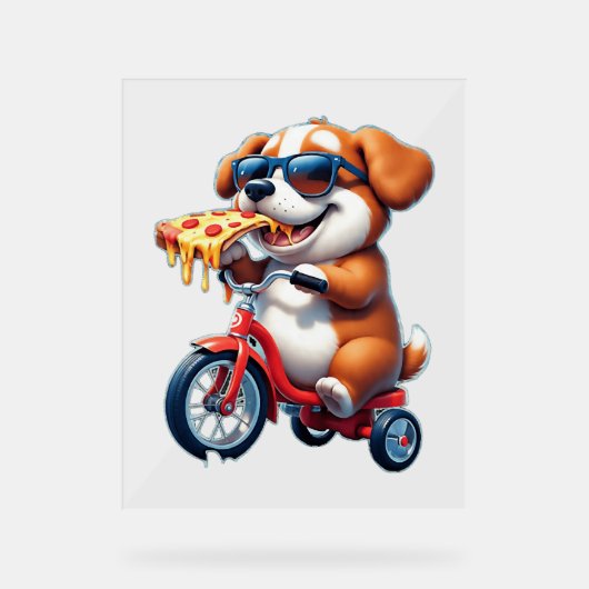 chiot à vélo mangeant de la pizza (Recto)