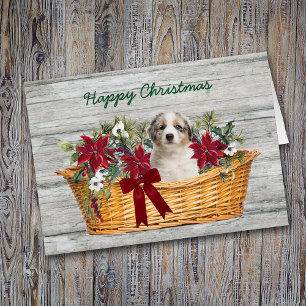 Chiot bleu Merle Aussie en panier Carte de Noël