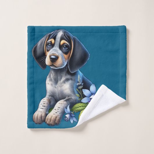 Chiot bleu Tick Hound avec Fleurs Bleues Delicate (Gant de toilette)