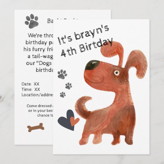 chiot chien mignon invitations de 4e anniversaire (Devant / Derrière)