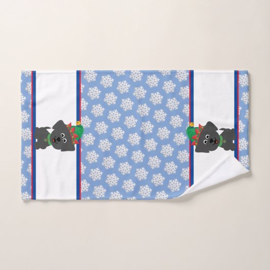 Chiot de Noël en bleu avec flacons blancs (Serviette à main)