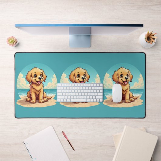Chiot doré mignon sur une scène de plage ensoleill (Bureau 1)