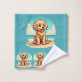 Chiot doré mignon sur une scène de plage ensoleill (Gant de toilette)