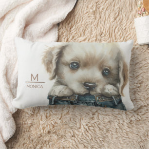 Chiot en Jeans Art Monogramme Jeter Oreiller