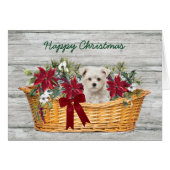 Chiot maltais blanc dans le panier Carte de Noël (Devant horizontal)