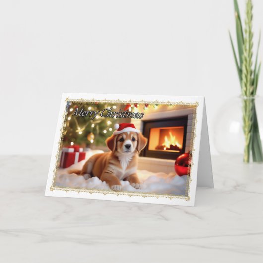 Chiot par cheminée Carte de Noël (Devant)