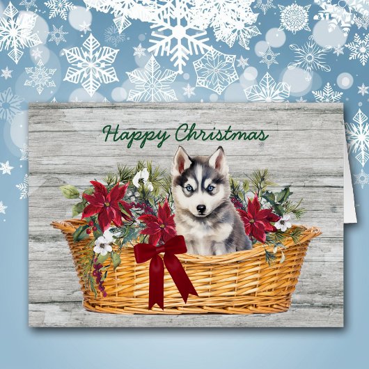 Chiot sibérien Husky en panier Carte de Noël