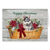 Chiot sibérien Husky en panier Carte de Noël (Devant horizontal)