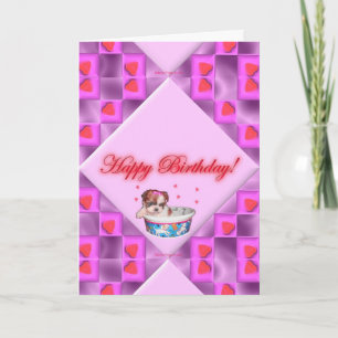 Chiots et Coeurs roses Carte d'anniversaire