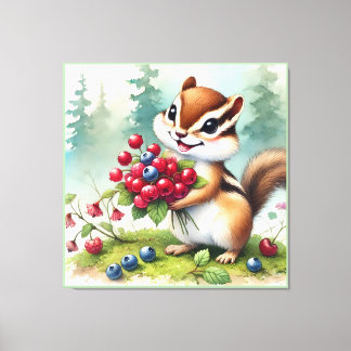 Chipmuk holding berries canvas afdruk