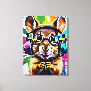 Chipmunk in hoofdtelefoon, graffiti canvas afdruk