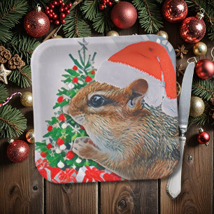Chipmunk met Kerst Pet in Front of Tree Papieren Bordje